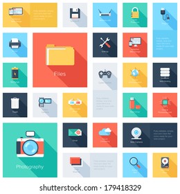 Vector collection of colorful flat technology and multimedia icons with long shadow. Design elements for mobile and web applications.