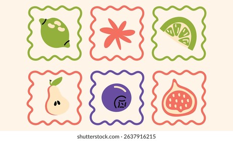 Vector collection of colorful fruits and berries in groovy hand-drawn style. Juicy tropical elements perfect for fun food stickers, healthy eating visuals, and summer designs