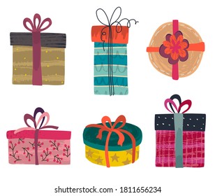 Vektorgrafik von bunten Geschenkbox mit verschiedenen handgezeichneten Texturen. Feiertag, Geburtstag