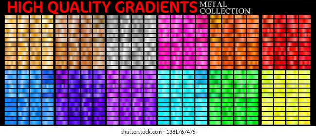 Vector collection of colorful gradients.  Colorful metallic gradients consisting  backgrounds of different glossy colors. Multicolor gradient.