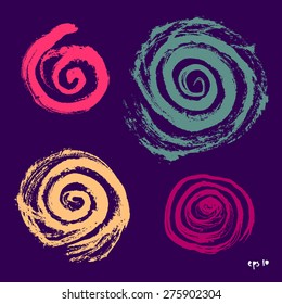 Vector collection of colorful grungy hand-drawn spirals on dark blue background. Set of graphic design elements