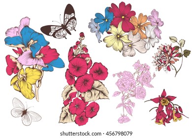 Vector collection of colorful hand drawn flowers in engraved style