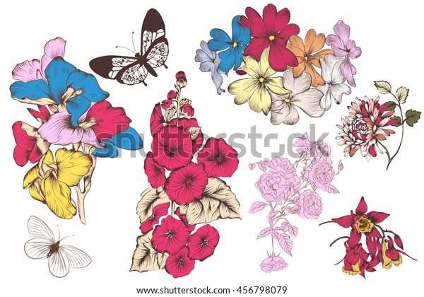 Vector collection of colorful hand drawn flowers in\
engraved style
