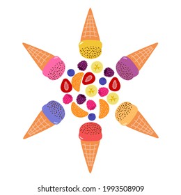 Vector collection of colorful ice cream of different flavors: strawberry, tangerine, blueberry, raspberry, blackberry, banana. Illustration on white background.