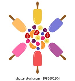 Vector collection of colorful ice cream of different flavors: strawberry, tangerine, blueberry, raspberry, blackberry, banana. Illustration on white background.