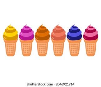 Vector collection of colorful ice cream of different flavors: strawberry, tangerine, blueberry, raspberry, blackberry, banana. Illustration on white background.