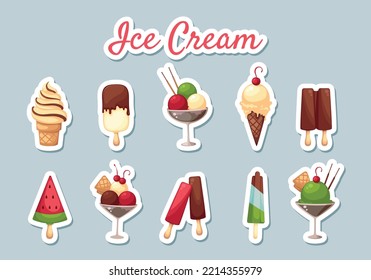 Vector collection of colorful ice cream stickers. Icecream sticker set on blue background. Printable template