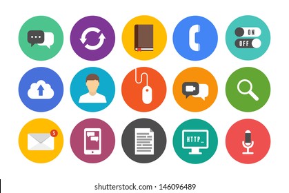 Vector collection of colorful icons in modern flat design style on communication and mobile connection theme. Isolated in colored circle on white background.