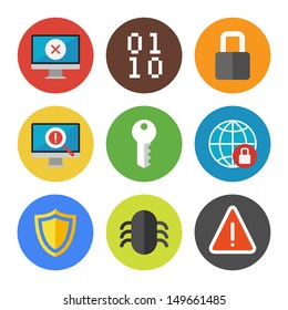 Vector collection of colorful icons in modern flat design style on internet security theme. Isolated on white background. 