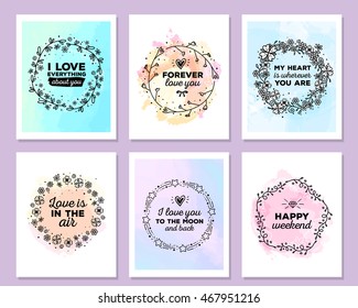 Vector collection of colorful illustration of template with floral frames, flowers, inscriptions on watercolor background. Hand drawn flat doodle art design of flower poster, card, wedding invitation