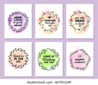 Vector collection of colorful illustration of template with floral frames, flowers, inscriptions on watercolor background. Hand drawn flat doodle art design of flower poster, card, wedding invitation