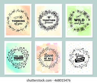 Vector collection of colorful illustration of template with floral frames, flowers, inscriptions on watercolor background. Hand drawn flat doodle art design of flower poster, card, wedding invitation