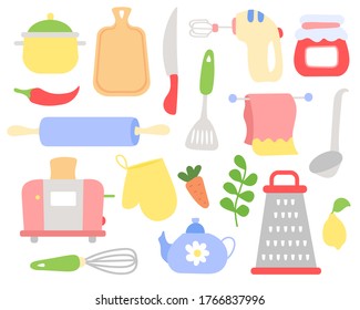 Vector collection of a colorful kitchenware.Cartoon cooking tools and household.Flat style.Hand drawn set of cuisine doodle appliances. Isolated on white background.Culinary accessories for web,design