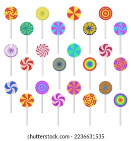 vector collection of colorful lollipop candies in the form of balls, isolated on white background. set of flat spiral lollipops