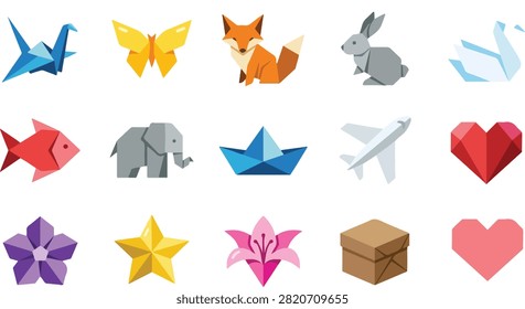 Vector collection of colorful low poly origami icons featuring animals, flowers, hearts, stars, paper boat, airplane, gift box, and geometric paper craft elements. Perfect for logos, stickers, educational materials, greeting cards, branding, web design, and creative projects.