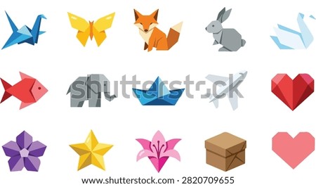 Vector collection of colorful low poly origami icons featuring animals, flowers, hearts, stars, paper boat, airplane, gift box, and geometric paper craft elements. Perfect for logos, stickers, educational materials, greeting cards, branding, web design, and creative projects.