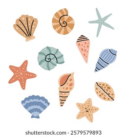 Vector collection of colorful marine shells and starfish in a playful and minimalistic style. Includes various shell shapes, starfish, and coral elements, ideal for beach-themed projects