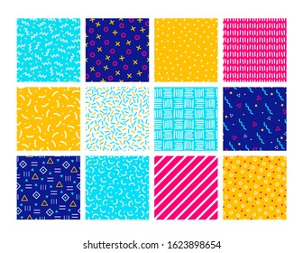 Vector collection of colorful memphis seamless patterns with geometric elements. Black and white geometric patterns for graphic design, background, fabric, poster, wrapping paper, web. Fashion 80-90s