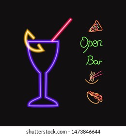 Vector Collection of Colorful Neon Bar Icons, Ramen, Open, Bar, Cocktail in the Glass, Pizza and Hot Dog Illustrations Isolated on Dark Background, Shining Logo.