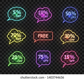 Vector Collection of Colorful Neon Speech Bubbles with Percents Offer, Sale Tags Set, Glowing Lights.
