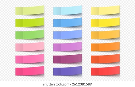 Vector collection colorful realistic sticky notes. Post note stickers template. Sticky paper tapes with shadow isolated on transparent background.