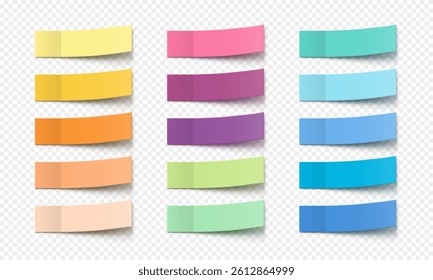 Vector collection colorful realistic sticky notes. Post note stickers template. Sticky paper tapes with shadow isolated on transparent background.