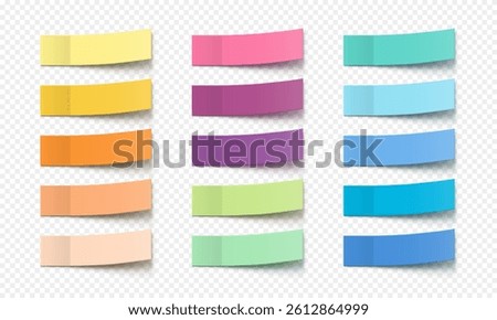 Vector collection colorful realistic sticky notes. Post note stickers template. Sticky paper tapes with shadow isolated on transparent background.