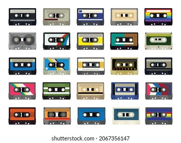 Vector collection of colorful retro cassettes.