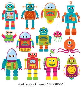 Vector Collection of Colorful Retro Robots