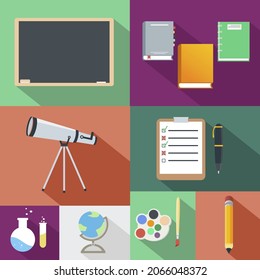Vector collection of colorful school icons. Flat style with long shadows.