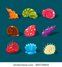 Vector Collection of Colorful Shells. Cartoon game elements