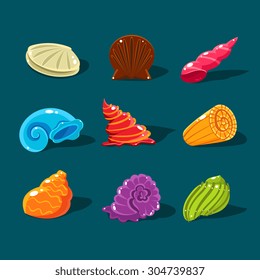 Vector Collection of Colorful Shells. Cartoon game elements