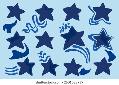 Vector collection of colorful stars elements of the night sky. Set of stars, sparkles, blue, on white background. Hand drawn floral illustrations for decoration, Easter, stickers, clip art, print.
