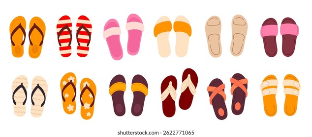 Vector collection of colorful summer flip flops and open sandals in flat cartoon style, featuring various shapes and bright color designs on white background