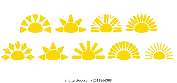 Vector collection of colorful sun elements on the sky. Set of yellow sunflowers, glowing on a white background. Hand drawn floral illustrations for decoration, Easter, stickers, clip art and prints.

