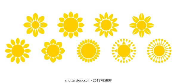 Vector collection of colorful sun elements on the sky. Set of yellow sunflowers, glowing on a white background. Hand drawn floral illustrations for decoration, Easter, stickers, clip art and prints.

