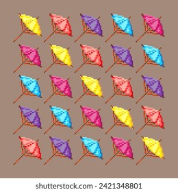 vector collection of colorful umbrellas for the beach and cocktail in pixel style