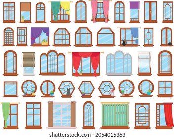 Vector collection of colorful windows in flat style. Objects for creating an interior.