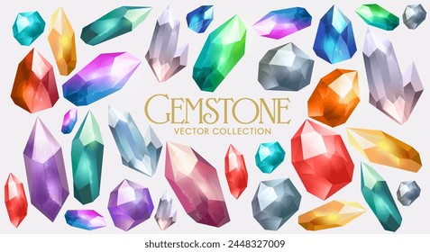 Eine Vektorgrafik Kollektion aus bunten Kristallen, Diamanten und anderen seltenen Edelsteinen. Vektorillustration