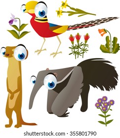 vector collection of comic cartoon styled animals for children. Set of Pheasant, Meerkat, anteater