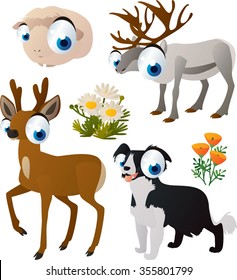 vector collection of comic cartoon styled animals for children. Set of Guinea pig, reindeer, roe deer, collie dog. 