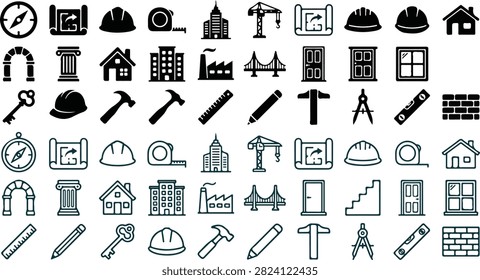 Vector collection of construction, engineering, architecture, industrial equipment, safety tools, and infrastructure icons. Perfect for contractors, construction companies, engineering firms, industrial websites, and technical documentation.