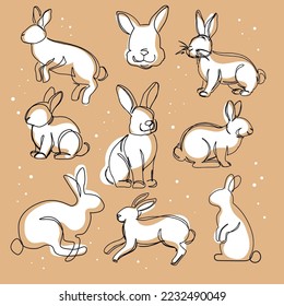 Vector collection with continuous one line drawing christmas rabbits on a beige background. Chinese symbol of the 2023 year isolated