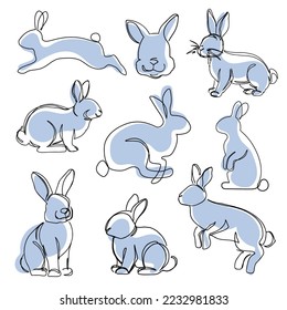 Vector collection with continuous one line drawing christmas rabbits on a white background. Chinese symbol of the 2023 year isolated