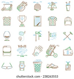 Vector collection of contour icons for golf. Colored outline vector icons set for golf on white background.