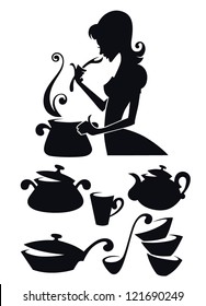 vector collection of cooking equipment and food symbols, and image of woman tasting homemade meal