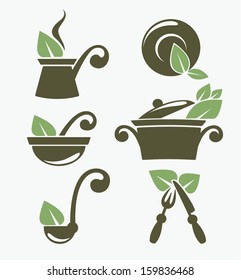 vector collection of cooking equipment and healthy organic food symbols