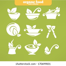 Vector Collection Of Cooking Equipment And Healthy Organic Food Symbols And Silhouettes