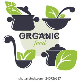 vector collection of cooking equipment and healthy organic food symbols