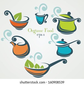 vector collection of cooking equipment and organic food symbols